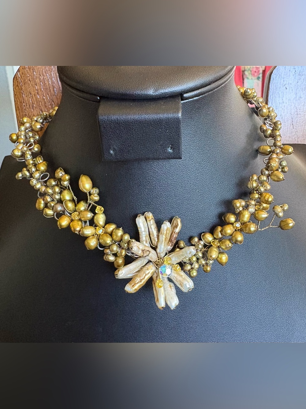 Artisan Freshwater Pearl Statement Necklace | Baroque Pearl Flower Necklace |